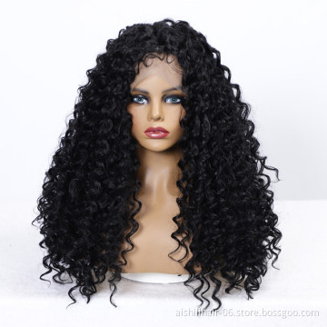 wholesale  black long deep wave lace frontal wig with baby hair  heat resistant synthetic hair wigs for black women